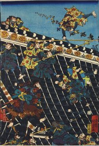 ورقة من لوحة ثلاثية الألوان مطبوعة بألواح خشبية ، بعنوان Hōryukaku shō no zu تصور مشهدًا من Hakkenden of Takizawa Bakin تُظهر قتالًا على سطح المعبد بين Inuzuka Shino (على اليمين) ، والشرطة تحت Inukai Kempachi ، مقتبس من ثلاثية بواسطة Utagawa Kuniyoshi