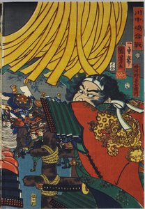 ورقة من لوحة ثلاثية الألوان مطبوعة على الخشب ، بعنوان Kawanakajima kassen بواسطة Utagawa Kuniyoshi