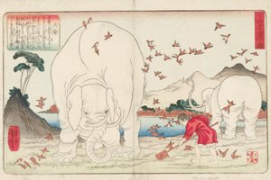 تايشون عزق حقلًا بمساعدة الأفيال وسرب من العصافير ، وقع Ichiyusai Kuniyoshi ga ، حوالي عام 1843 (طباعة خشبية ملونة) بواسطة Utagawa Kuniyoshi