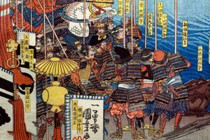 Takeda Shingen Chrushes the Forces of Suwa Yorishige (Takeda Shingen Suwa Yorishige no jinchū o uchi-kuzusu zu) ، حوالي 1850-1851 بواسطة Utagawa Kuniyoshi