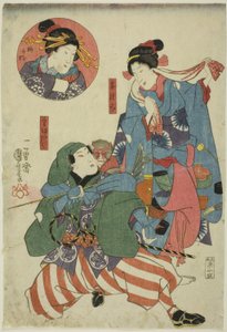 الممثلون Bando Shuka I بدور منتقي الشاي (Chatsumi) ، Ichimura Uzaemon XII في دور مدرب القرد (Sarumawashi) ، و Onoe Kikugoro II في دور Umegae (داخلي) بواسطة Utagawa Kuniyoshi