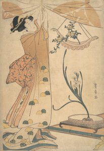 امرأة تربط ستارة ، تنسيق زهور من الأقحوان في هكتار على شكل قارب ... ، كاليفورنيا. 1805. بواسطة أوتاغاوا تويوهيرو