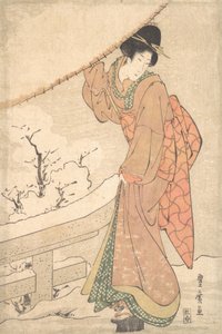 امرأة شابة في عاصفة ثلجية تحمل مظلة مثقلة بالثلج ، كاليفورنيا. 1802 .. بواسطة أوتاغاوا تويوهيرو