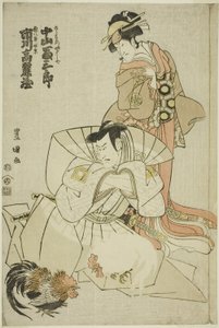 الممثلان Ichikawa Komazo III بدور Akuhachiro Tokikage و Nakayama Tomisaburo I في دور Yushide ، أخت Rokurozaemon ، في مسرحية "Hana to Mimasu Yoshino no Miyuki" التي تم عرضها في مسرح ناكامورا في الشهر الحادي عشر ، 1798 بواسطة أوتاغاوا تويوكوني الأول