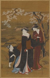 ثلاث نساء تحت شجرة كرز مزهرة على شاطئ البحر ، 1769-1825. بواسطة أوتاغاوا تويوكوني الأول