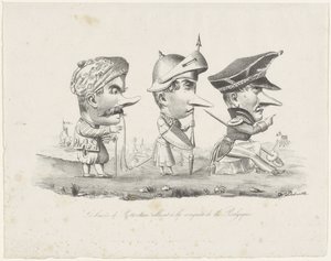 رسم كاريكاتوري لميليشيا روتردام 1830 Les braves de Rotterdam allant à la conquête de la Belgique (العنوان على الكائن) بواسطة خامسا دوبريل