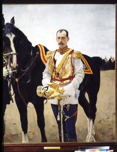 صورة لدوق روسيا الأكبر بول ألكساندروفيتش (1860-1919). (صورة لدوق روسيا الأكبر بول الكسندروفيتش). يرتدي زي ضابط في سلاح الفرسان في الجيش الروسي الإمبراطوري بالقرب من حصانه. لوحة فالنتين الكسندروفيتش سيروف ( بواسطة فالنتين ألكسندروفيتش سيروف