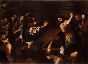 "المسيح يقود المقرضين من المعبد" (المسيح يقود مقرضي الأموال من المعبد) لوحة رسمها فالنتين دي بولوني (1591-1632) 1620-1625 Dim. 192x266.5 cm متحف هيرميتاج ، سانت بطرسبرغ بواسطة فالنتين دي بولوني