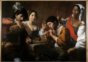 لقاء في ملهى ليلي رسمه فالنتين دي بولوني (1591-1632) شمس القرن السابع عشر. 0،96x1،33 م بواسطة فالنتين دي بولوني