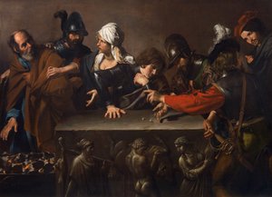 إنكار القديس بطرس ، بواسطة فالنتين دي بولوني (1591-1632). زيت على قماش ، ج. 1616-1617. البعد: 171.5 × 241 سم. مؤسسة روبرتو لونجي لدراسات تاريخ الفن ، فلورنسا بواسطة فالنتين دي بولوني