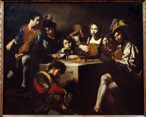 حفل الإغاثة المنخفضة. اجتمع الموسيقيون حول مذبح منحوت. لوحة فالنتين دي بولوني (1591-1632). خافت. 1.73 × 2،14 م. بواسطة فالنتين دي بولوني