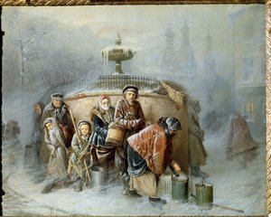 الطابور عند النافورة. في منتصف الشتاء ينتظر سكان المدينة دورهم في الرياح الباردة والضباب لملء دلوهم بمياه الشرب. لوحة لفاسيلي (فاسيلي) غريغوريفيتش بيروف (1834-1882) ، زيت