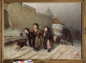 ترويكا (مزلقة). المتدربين يجلبون الماء. (شارع في الشتاء). لوحة لفاسيلي (فاسيلي) غريغوريفيتش بيروف (1834-1882) ، زيت على قماش