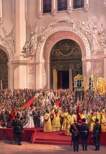 ألبوم تتويج القيصر ألكسندر الثالث ملك روسيا (1845-1894) والإمبراطورة ماريا فيودوروفنا (داغمار الدنمارك) (1847-1928) - الزوجان الإمبراطوريان يغادران كاتدرائية المسيح المخلص (من ألبوم التتويج) لفاسيلي بتروفيتش (بيتر)