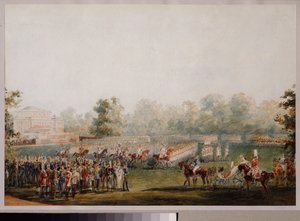 عرض عسكري في مرج قصر Elagin في سانت بطرسبرغ. (موكب الحرس الإمبراطوري). عمل فاسيلي سيميونوفيتش سادوفنيكوف (1800-1879) ، لوحة مائية على ورق بواسطة فاسيلي سيمينوفيتش سادوفنيكوف