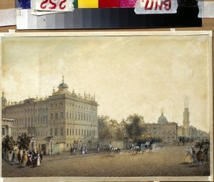 القديس بطرسبرج. قصر أنيشكوف. (سانت بطرسبرغ. قصر أنيشكوف). عمل فاسيلي سيميونوفيتش سادوفنيكوف (1800-1879) ، لوحة مائية على ورق ، حوالي 1830. الفن الروسي بواسطة فاسيلي سيمينوفيتش سادوفنيكوف