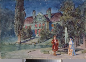 ديكور تحضيري ، حديقة أمام منزل ، لأوبرا "بوريس غودونوف" لموديست موسورجسكي (1839-1881) - تصميم مسرحي لأوبرا بوريس غودونوف لموديست موسورجسكي - عمل لفاسيلي ديميترييفيتش بولينوف (1844-1927) والألوان المائية والغواش على