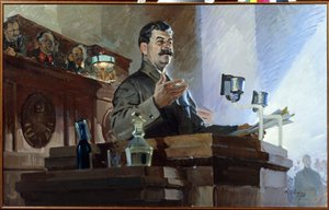 جوزيف ستالين (ستالين) (جوزيف فيساريونوفيتش دجوجاشفيلي ديت) (1879-1953) أعاد تعريف الدستور السوفييتي (دستور ستالين) خلال المؤتمر الاستثنائي الثامن للسوفييت في 5 ديسمبر 1936. نرى فياتشيسلاف مولوتوف (1890-1986) على د. بواسطة فاسيلي سيميونوفيتش سفاروج