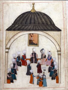الإدارة في ظل الدولة العثمانية: جلسة استماع يرأسها الوزير الأعظم. صورة مصغرة من "" النصب التذكارية التركية "(مجلد مخطوطة Cicogna 1971" Memorie Turchesche ") لوحة مائية من مدرسة البندقية في القرن السابع عشر. بواسطة مدرسة البندقية