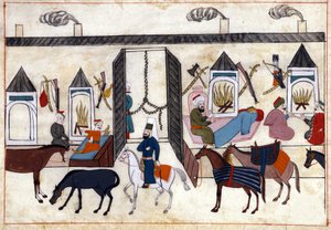منظر من الداخل لقافلة في تركيا تحت حكم الإمبراطورية العثمانية. صورة مصغرة من "" النصب التذكارية التركية "(مجلد Cicogna 1971" Memorie Turchesche ") لوحة مائية من مدرسة البندقية في القرن السابع عشر. بواسطة مدرسة البندقية