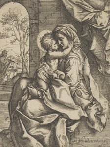 جلست العذراء مع المسيح الطفل في حضنها تعانقها ، ورأى يوسف في كل مكان. 1600-1613.