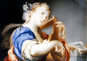 سيدة ، برداء أزرق مبطن بالأبيض ، تعزف على العود (زيت ، غواش وألوان مائية على لوح) بواسطة فيرونيكا ستيرن