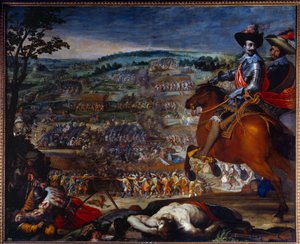 حرب الثلاثين عاما: 1618-1648. "معركة فلوروس عام 1622." وهي تعارض القوات البروتستانتية لكريستيان دي برونزويك وإرنست فون مانسفيلد ضد الجيش الإسباني بقيادة ممثل جونزالو فيرنانديز دي كوردوبا على اليمين. اللوحة بواسطة فيسنتي كاليفورنيا