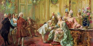Wolfang Amadeus Mozart (1756-1791) في Madame (Marquise) de Pompadour (عائلة Mozart ، خلال الجولة الأوروبية) (1763-1766) - الفن الأكاديمي: تقديم الشاب Mozart إلى Madame de Pompadour في فرساي في 1763 بواسطة Paredes ، Vicente Gar بواسطة فيسنتي غارسيا دي باراديس