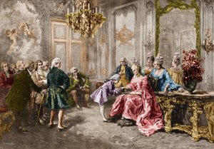 وولفانج أماديوس موزارت (1756-1791) في مدام (ماركيز) دي بومبادور (عائلة موتسارت ، أثناء الجولة في أوروبا) (1763-1766) نقش بعد لوحة إم في دي باريديس. بواسطة فيسنتي دي (بعد) باريديس