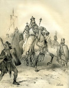 الإمبراطور شارلمان، وهو يحمل شعارات السلطة، يركب على رأس قواته جنوداً يرتدون الدروع. نقش رسمه فيكتور آدم (1801-1866) في كتاب "فرنسا في العصور الوسطى" الذي نشره الأخوان أردان في منتصف القرن التاسع عشر. بواسطة فيكتور آدم