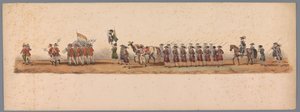 موكب تاريخي في الذكرى المئوية الثانية لمدرسة Utrechtse Hogeschool ، 1836 (اللوحة 3) Optogt des Nederlandschen Legers إلى أوستند ، 3 يوليو 1600 ، في اليوم التالي للانتصار في Nieuwpoort ؛ وفقًا للأداء المليء بالملابس الذي قدمه HH Student بواسطة شركة Caramelli and Co.