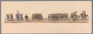 موكب تاريخي في الذكرى المئوية الثانية لجامعة أوترخت ، 1836 (اللوحة 4) مسيرة الجيش الهولندي إلى أوستند ، 3 يوليو 1600 ، في اليوم التالي للانتصار في Nieuwpoort ؛ وفقًا للأداء المليء بالملابس الذي قدمه H H Student بواسطة جوزيف روز ليميرسيه