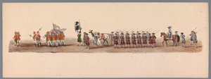 موكب تاريخي في الذكرى المئوية الثانية لجامعة أوترخت ، 1836 (اللوحة 3) مسيرة الجيش الهولندي إلى أوستند ، 3 يوليو 1600 ، في اليوم التالي للانتصار في Nieuwpoort ؛ وفقًا للأداء المليء بالملابس الذي قدمه H H Student بواسطة شركة Caramelli and Co.