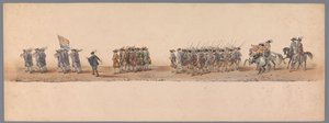 موكب تاريخي في الذكرى المئوية الثانية لجامعة أوترخت ، 1836 (اللوحة 4) مسيرة الجيش الهولندي إلى أوستند ، 3 يوليو 1600 ، في اليوم التالي للانتصار في Nieuwpoort ؛ وفقًا للأداء المليء بالملابس الذي قدمه H H Student بواسطة شركة Caramelli and Co.