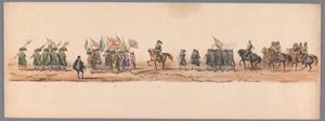 موكب تاريخي في الذكرى المئوية الثانية لجامعة أوترخت ، 1836 (اللوحة 9) مسيرة الجيش الهولندي إلى أوستند ، 3 يوليو 1600 ، في اليوم التالي للانتصار في Nieuwpoort ؛ وفقًا للأداء المليء بالملابس الذي قدمه H H Student بواسطة شركة Caramelli and Co.