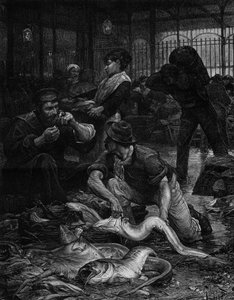 ركن بقاعة السمك في الصباح (1880). نقش بعد اللوحة لفيكتور جابرييل جيلبرت (1847-1933). في "" The Illustrous World "رقم 1244 بتاريخ 29 يناير بواسطة فيكتور جابرييل جيلبرت