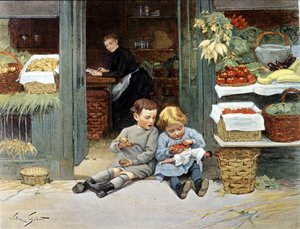 طفلان يأكلان تفاحة وفراولة. رسم