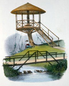 كوخ وجسر ريفي في Parc de la Motte ، بورجوندي ، رسم توضيحي من "Habitations Champetres" المنشور في باريس ، حوالي 1895 (كروموليثو)