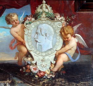 تفاصيل: "" متحف اللوفر في نابليون الثالث "" "" منظر لقصر اللوفر وصورة نابليون الثالث (1808-1873) في ميدالية "" لوحة لفيكتور جوزيف شافيت (1822-1906) 1857 صن. 2،12 × 2،22 م باريس ، متحف اللوفر. بواسطة فيكتور جوزيف شافيت