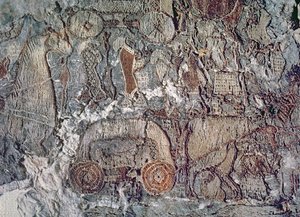 تفاصيل لحيوان يجر عربة ، من نسيج وجد مع سفينة Oseberg (نسيج) بواسطة الفايكنج