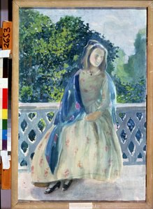 "Jeune fille au balcon" "Peinture de Viktor (فيكتور) Elpidiforovich Borisov-Musatov (Borisov Musatov) (1870-1905) 1900 State A. Radishchev Art Museum Saratov بواسطة فيكتور إلبيديفوروفيتش بوريسوف موساتوف