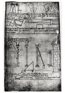 Ms.Fr.19093 fol.20v الأشكال الهندسية للبناء والأقواس ورجل قياس ارتفاع البرج (نسخة الفاكس) بواسطة فيلارد دي هونيكورت