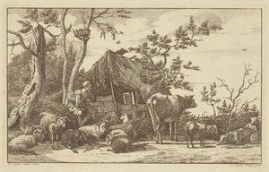 راعي جالس مع ماشية أمام حظيرة متداعية بواسطة Laurens van der Vinne