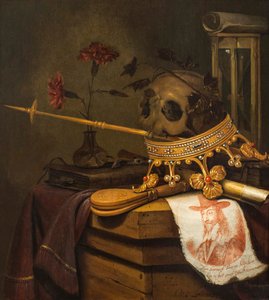 حياة Vanitas الساكنة مع جمجمة ، تاج ، صولجان ، فلوت ، منفاخ ، رملية ، قرنفل في إناء زجاجي ، تمرير ، كتاب وصورة منقوشة لتشارلز الأول بواسطة فنسنت لورنسز فان دير فين