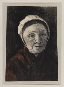 رأس امرأة عجوز ترتدي قبعة Scheveninger ، 1882-83 (فحم ، طباشير أسود وبني على ورق)