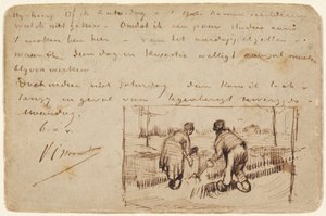 بطاقة بريدية مع اثنين من الفلاحين حفر 1885. بواسطة فنسنت فان جوخ