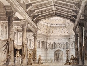 صممه فرانشيسكو بانارا للمشهد الثاني لنورما ، أوبرا لفينشنزو بيليني (1801-1835) ، تم أداؤها في مسرح لا فينيس في البندقية