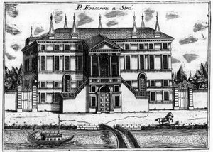القصر (بالازو) فوسكاريني في سترا بالقرب من البندقية. في "" تفرد البندقية "لفينشنزو كورونيلي (1650-1718).