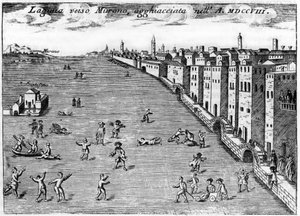 البندقية، إيطاليا. رحلة لوجون نحو جليد مورانو في عام 1708 في "" تفرد البندقية "بقلم فينتشنزو كورونيلي (1650-1718).