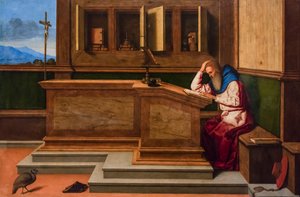 القديس جيروم في مكتبه، حوالي 1515-1520 (تقنية مختلطة على الحور) بواسطة فينتشينزو دي بياجيو كاتينا